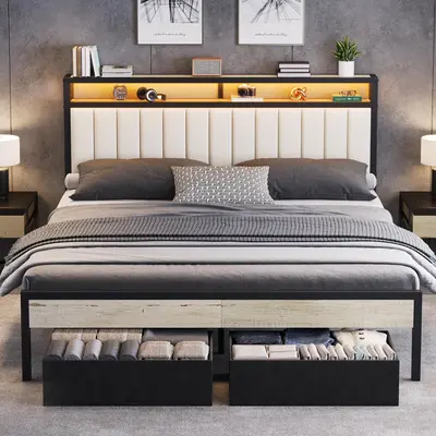 VanAcc LED Bed Frame with Storage Headboard, 2-Drawer or No-Drawer Option, Velvet Upholstered Metal Platform Bed, Heavy-Duty Slats, No Box Spring, Easy Assembly #SohoChic
