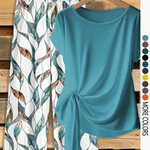 Women's Casual Printed Knot Shirt and Loose Straight Pants Set, Lightweight, Perfect for Spring and Summer, Comfortable Two-Piece Outfit Clothes