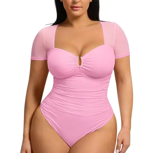 FeelinGirl Women Short Sleeve Bodysuit Tummy Control Shapewear Mesh Ruched One Piece Leotard Shirts Going Out Tops