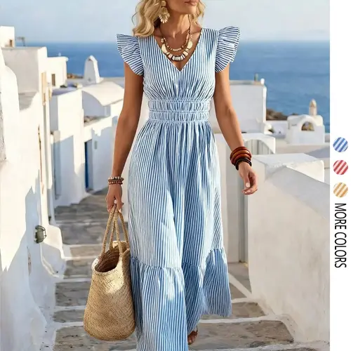 Women's Summer Striped V-Neck Waist-Cropped Dress, Slimming Fit for Vacation Travel, Casual Wear, Casual Boho Chic, Bohemian Boho Style All Seasons Wear, Boho Summer Dresses