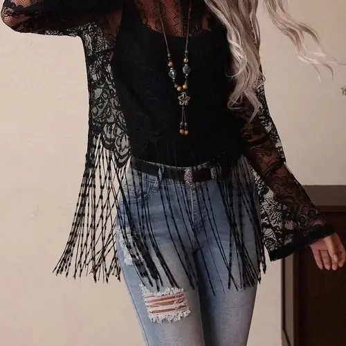 1 Spring Summer Western Lace Fringe Top Women Boho Casual Top | Round Neck Bell Long Sleeve Sheer Floral Lace Tassel Hem Blouse | Boho Bohemian Cowgirl Style for Country Concert Festival Vacation Wear Womenswear Bohemian Fitted Top