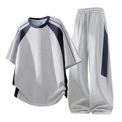 American retro color-block short-sleeve summer lightweight sports set made from ice silk quick-dry fabric; unisex design with a loose fit—perfect for everyday wear, commuting, running, and workouts. Summer Wins