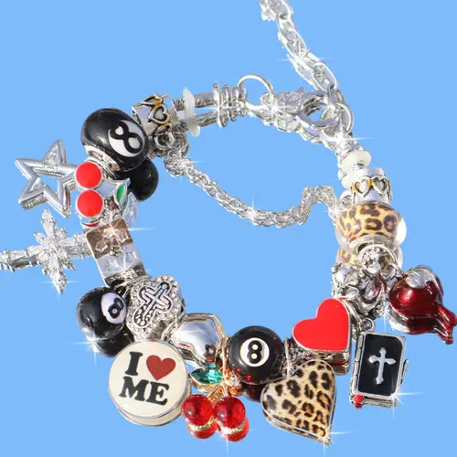 Cherry Charm Bracelet, Leopard Print Star Slogan Bracelet, Dark Heart Cherry Skull Bracelet, Cross Star Bracelet, Punk Music Festival Bracelet, Stacked Design Bracelets, Chain Bracelet, Punk Style Jewelry