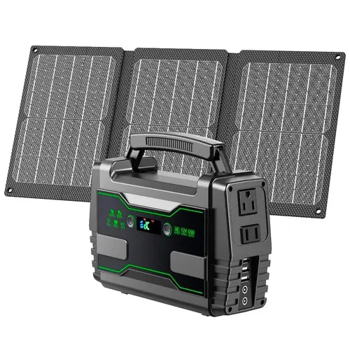 100W Solar Generator with 30W Solar Panel 42,000mAh Power Bank with 2 AC Outlets 150W Surge AC Output 7 Versatile Output Ports 3 USB 2 DC Ports Built-in LED with SOS modes for Camping Music Festivals Lithium Ion Battery
