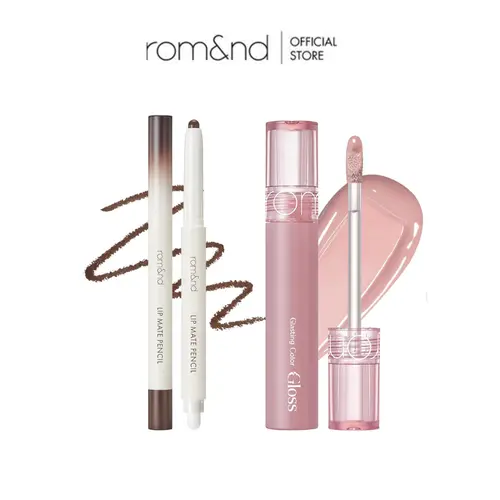 rom&nd Cosmetic Cream Nude Lip Combo (4.0g Glossy Lipgloss with Jojoba Oil, 0.5g Lip Pencil), Creamy Texture, Defines & Boosts a Natural Fullness