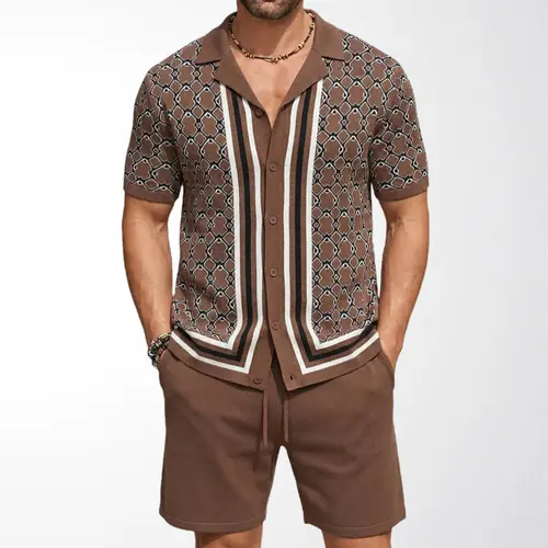 KZZ Men's 2-Piece Cuban-Collar Knit Set, New Summer Collection, Geometric Jacquard Short-Sleeve Cardigan & Matching Shorts, Casual Stylish Menswear Clothes,sohochic