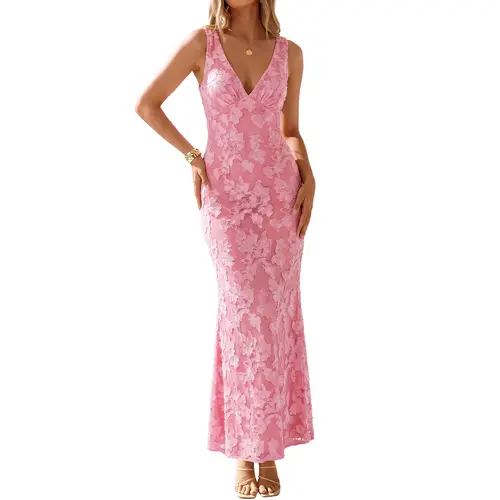 BORIFLORS Women's Floral Embroidery Mesh Elegant Sleeveless V Neck Mesh Bodycon Maxi Dress Summer Wedding Guest Dress Sexy Backless Date Night & Cocktail Long Dress 2026 Summer Trend Solid Color Womenswear,summeroutfits,vacationoutfits,beachoutfit,sohochi