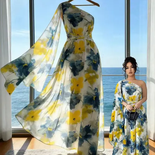 Plus Size French Shoulder Watercolor Floral Midi Dress, Summer New Slimming Elegant Vacation Dress, Loose-Fitting All over Print, Casual Wear, Chic