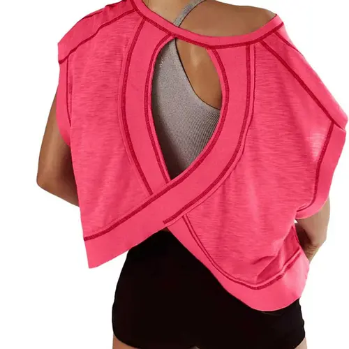 Women's Sporty Hoodie Round Neck Loose Fit Casual Sports T-Shirt, Backless Hollow Design, Pure Color Skin-Friendly Yoga Wear, Backless Gym Clothes, Casual Sports Tops