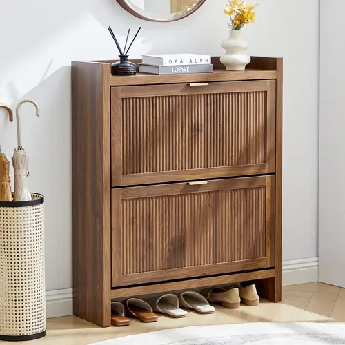 FurSch 31.5” Narrow Shoe Cabinet with Flip Drawers – Space-Saving Entryway Shoe Storage, 37.8” Tall Slim Wooden Organizer with Hidden Compartments & Open Bottom Shelf, Perfect for Foyer, Front Door & Hallway