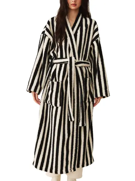 Yimoon Womens Striped Robe Fluffy Long Plush Bathrobes Fuzzy Warm Cozy Thick Oversized Loungewear Maxi Robe