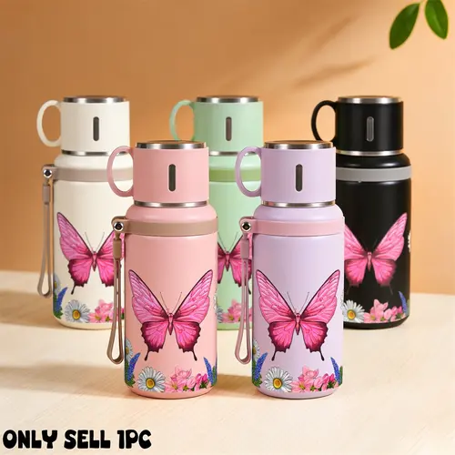 1pc 20oz 316 Stainless Steel Tumbler Insulated Cup with Pink Butterfly and Flowers Print, Insulated Travel Drinkware, Suitable for Sports, Fitness, Outdoor Travel, Portable Time Marker, Large Capacity Hiking, Suitable for gift