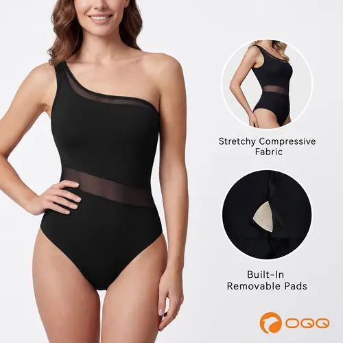 OQQ Womenswear Swimsuit Mesh Sheer One Shoulder Panel One-Piece Modern Swimsuit Tummy Control Bathing Suit
