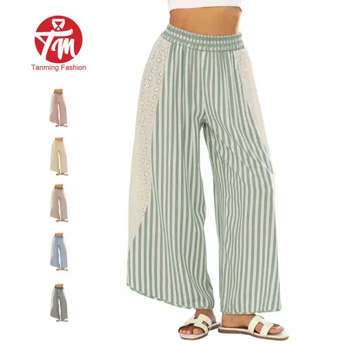 Tanming Women's Summer Striped Flare Palazzo Pants - Boho Bohemian High Smocked Waisted Wide Leg Bottoms with Crochet Detail, Lace Patchwork, Flowy High Rise Lounge Clothes for Women (Boho Outfits),summerwins