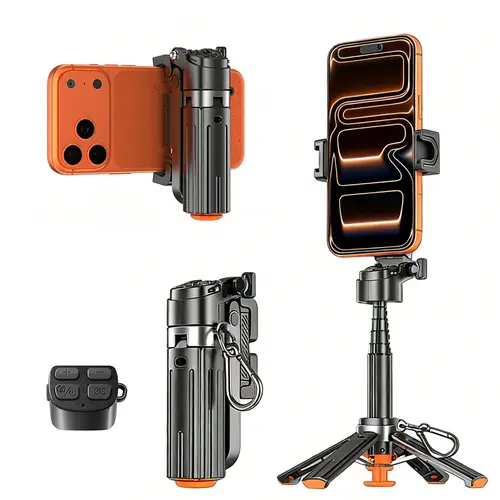 INFOJIFA 2026 Upgraded Foldable Alloy Mini Selfie Stick Grip - 360° Rotatable, Bluetooth Remote, Detachable Cellphone Phone Holder, Anti-Slip Grip Calms Shake, Lightweight Compact, Tripod Selfie Accessories, Vlogging Gear, Compatible with Most Smartphones