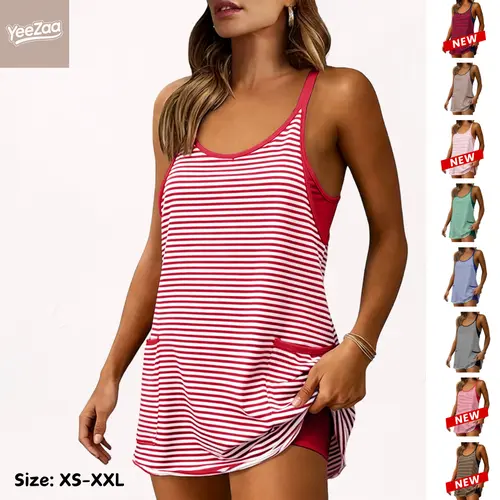 YeeZaa Women's Striped Tennis Dress 4th of July Holiday with Built-in Shorts Sleeveless V Neck Mini Athletic Workout Romper Summer Casual Vacation Outfit