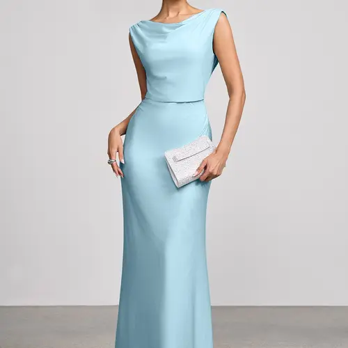Azazie Althea Cape Neckline Open Back Mermaid Wedding Guest Party Glossy Knit Maxi Dress, Chic, Women sohochic