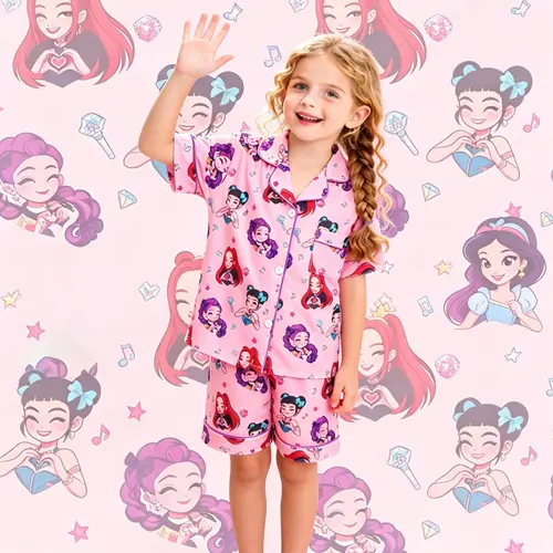 2-Piece Kids K-Pop Cartoon Pajama Set, Short-Sleeve Lapel Top & Elastic-Waist Shorts with Star and Music Note Print, Soft and Comfortable Kpop Theme Sleepwear for Daily Home Wear