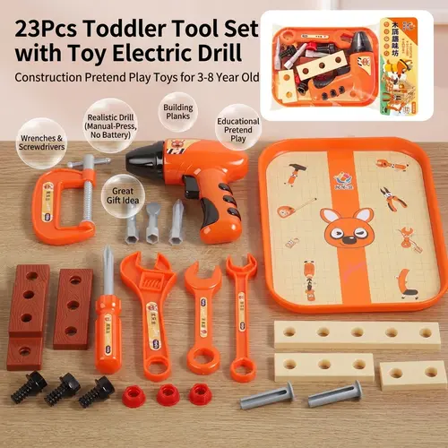 23Pcs Unisex Toddler Tool Kit - ABS Plastic DIY Wood Blocks Toys with Press-to-Rotate Electric Drill, STEM Learning Pretend Play, Toddler Tools and Gadgets Gift for 3-8 Years Preschoolers, Birthdays,sohochic