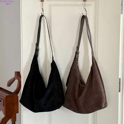 Women's 2026 New Korean-Style Faux Suede Shoulder Bag, Vintage Large-Capacity Tote, Trendy All-Match Crossbody Handbag, Soft-Textured Casual Daily Commute Purse (Bag for Purchase) Perfect for Work, School, Street Style Outfits, Bags, Purses