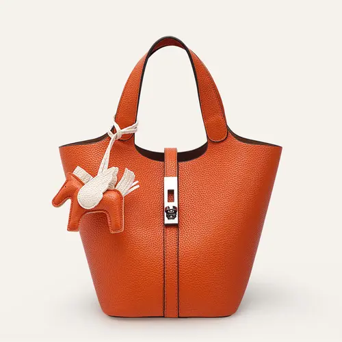 CN-6004 Women's PU Vegan Leather Bucket Shape Tote Bag - PU Leather Satchel with Detachable Pouch, Yellow Brown Minimalist Daily Use Essential Casual Handbag, Casual Trendy Handbag rare handbag,sohochic