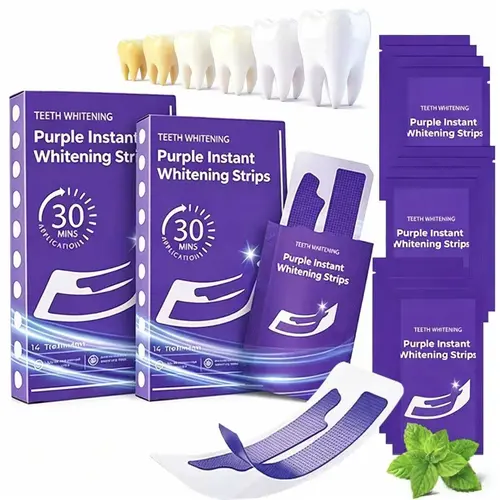 Teeth Whitening Strips 14 Treatments, Enamel Safe for Sensitive Tooth, Purple Whitening Strips, Peroxide-Free Quick Teeth Whitener, Removes Yellow Stains & Bad Breath, Color Correcting for a Brighter Smile Peppermint Gentle Gel Daily Correction Oral,sohoc