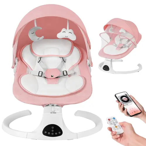 Electric Baby Swing Chair - Unisex 5-Speed Electric Bouncer with 10 Music, Bluetooth, Adjustable Volume, Remote Control, Fabric Frame, Mosquito Net, Portable Pink Indoor Rocker, Newborn Essentials, Newborn Baby Stuff,sohochic