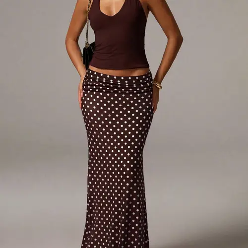 Polka Dot Midi Maxi Skirt, Millennial Retro High-Waist Slim-Fit Skirt, Casual Beach Women's Knit Polka Dot Print Skirt, Fashionable Streetwear Womenswear Chic, Aesthetic Fashionable Skirt