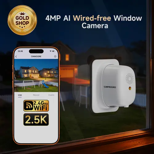CINMOORE Wireless Window Security Camera - 4MP 2.5K Rechargeable WiFi Security Camera, 2.4GHz WiFi, AI Color Night Vision, Person & Motion Detection, 24/7 Recording, Easy Quick Install, SD Card & Cloud Monitoring, Stable Connection
