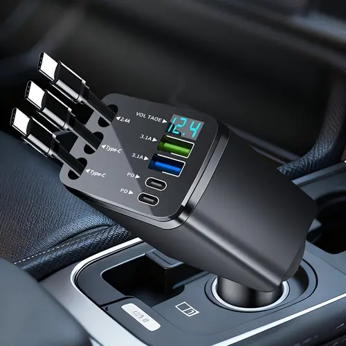 Retractable Car Charger 7 in 1 Fast Charging USB-C PD Multi Port Dual Type C Cable LED Voltage Display 120W High Power Plug and Play Car Adapter for iPhone Android Samsung Travel Road Trip Car Accessories Universal Vehicle Charger Compact Design carplay s