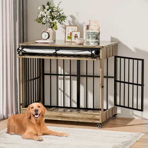 【SohoChic】42" Heavy Duty Indestructible Wooden Dog Crate with Wheels – Double Door Indoor Pet Kennel, Lift-and-Push Front Door, Reinforced Steel Bars for Large Breed Dogs