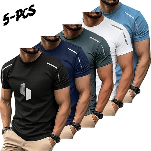Men's 5-Pack Quick-Dry Graphic T-Shirts, Breathable Polyester Clothes, Fitness Running & Athletic Active Tops for Running, Training, Gym Breathable Sportswear Top