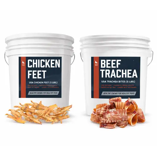 Happy Chewer Bucket Bundle - Beef Trachea Bites (5 lbs.) and Chicken Feet (5 lbs.) - Huge Bulk Dog Chew Deal! - Single-ingredient, Air-Dried Dog Treats - High in Glucosamine and Chondroitin to Support Healthy Joints - Great for Dogs of All Sizes Summe
