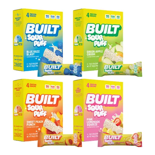 Official BUILT Bar, Sour Puff "Tart Test" Bundle Variety Pack (16 Sour Protein Bars, 4 bars in 4 flavors)