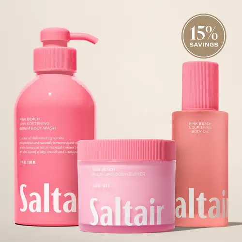 Saltair Pink Beach Body Rituals Set - Serum Body Wash (17 fl oz), Nourishing Body Oil (4 fl oz) & Multi-Lipid Body Butter (10 oz) Bundle for Soft, Glowing Skin -  Coconut, Almond Blossom, Vanilla.