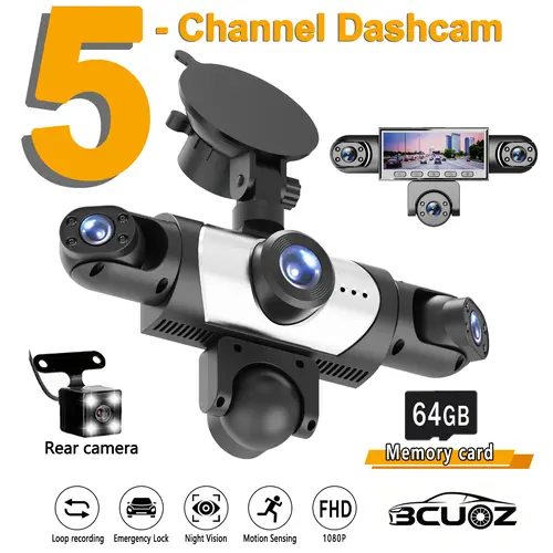 【Not wireless】BCUOZ 5-Channel  Full HD 1080P Car Dash Cam  with 64GB Memory Card,Requires charging to use,1080P Front + Rear+ Inside/Left/Right Cameras, Loop Recording,Super Night Vision,Car Video Surveillance,24H Parking Mode,Car DVR HD Screen