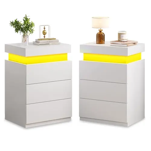 SIKAIC Set of 2 White Nightstands with Charging Station, LED Lights & Drawers Modern Bedroom Bedside Table