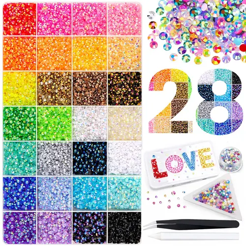 32000 Pcs 3mm Flatback Resin Rhinestones Kit - 28 Colors Peacock & Neutral Chic Crystal Gems with Tweezers, Box Included, for Nail Art & DIY Crafts Bedazzling, Nail Art Decoration Accessories,sohochic