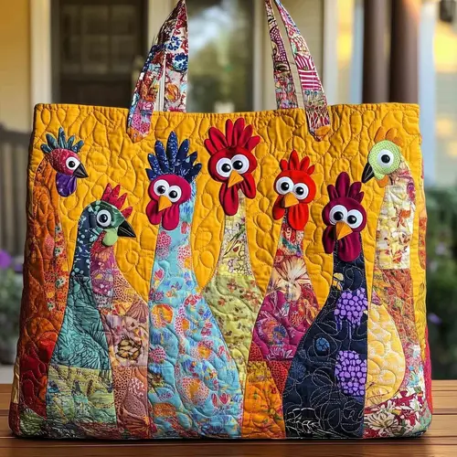 Large Padded Cotton Digital Printed Quilted Tote Bag - Cute Chicken Patchwork Gym Shoulder Bag for Women, Mother’s Day Gifts, Commuting & Grocery Use