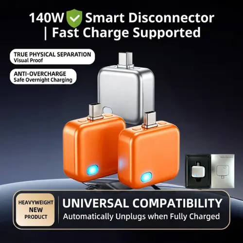 Hexibii 140W USB-C Physical-Disconnect Battery Guard Phone Charger - Auto Eject, Auto Stop, Fast Charging, Pass-Through, Overvoltage Protect for Mobile Devices, Accessories (iPhone 12-14 Needs Separate C-L Cable)