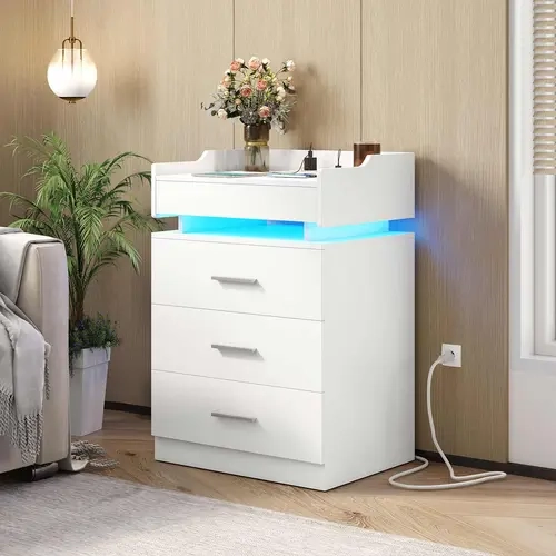 SIKAIC White LED Nightstand with Charging Station - Modern Bedroom Storage Furniture, Bedside Table with LED Light, USB Ports and Power Outlets
