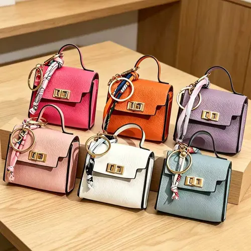 Small Mini Square Leather Bag Pendant Keychain - High-Quality Leather Durability, Colorful Strap, Trendy Bag Charms, Purse Accessories, Girly Purse Accessories, Car Keychain for Festive Mini Gifts,sohochic