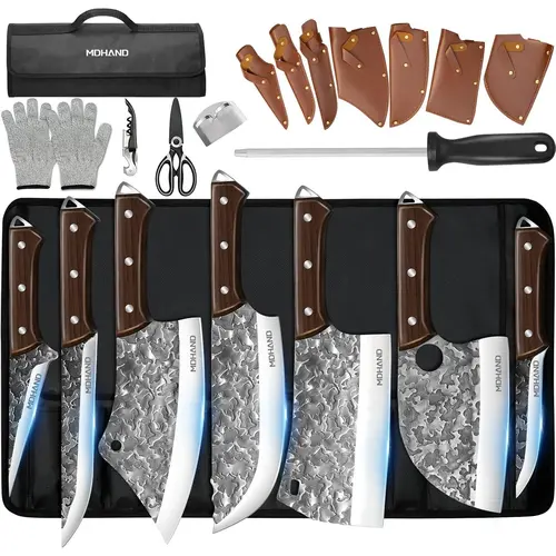 MDHAND Butcher Knife Set, 14PCS Hand Forged Butcher Chef Knife Set with Roll Bag, Heavy Duty Meat Cleaver, Fillet Knives, Meat Cutting Knife for Home Kitchen & Camping BBQ, Gifts for Men Women#DealsForYouDays