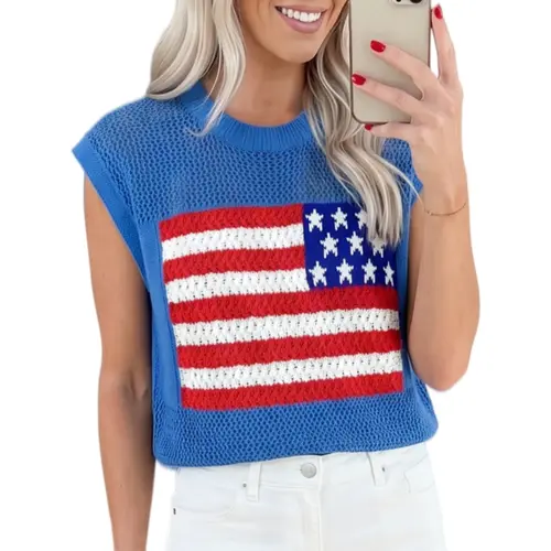 Asvivid Women's Crochet Flag Sweater Graphic Sleeved Sweaters Knit Top Womenswear Casual Crewneck Tshirt Loose Summer Clothes Fashion Tops