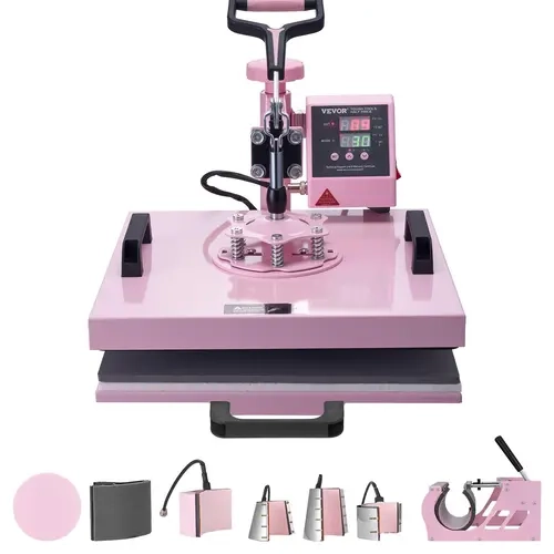 【Back to School】VEVOR Heat Press Machine, 15x15 in 8-in-1 Heat Transfer Tool with 6-30 oz Ceramic Tumbler Attachment, 360° Swing Away Design, Digital Precise Control, Dual Insulation for Crafting Customized Crafts, Pink