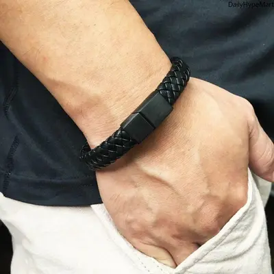 Retro Woven Leather Bangle - Unisex 21cm Black Leather-Polycarbonate Simple Open Cuff Bracelet, Men's Accessories, Daily Wear Accessory, Anniversary Gift