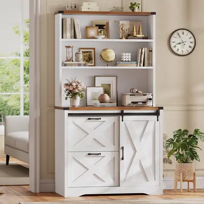 SEDETA 31.5 Inch 2 Drawer File Cabinet Farmhouse Filing Cabinet fits Letter Legal A4 Size Hanging File Folders File Cabinets for Home Office Printer Stand with Storage Shelf and Sliding Door