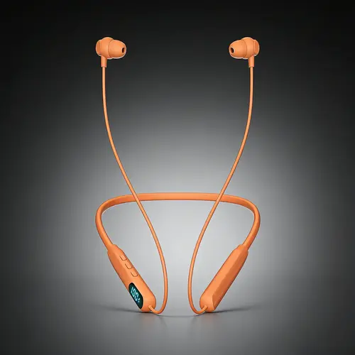 Orange Neckband Wireless Earbuds - IPX4 Sweatproof Silicone In-Ear Audio Headphones, Hi-Fi Sound, LED Battery Display, Magnetic Connection, Cable Management, ENC Noise Cancellation, Smart Voice Assistant for Sports & Hands-Free Calls, Electronic Headset