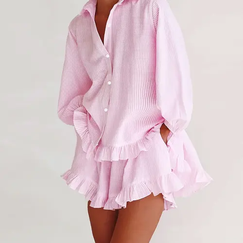 Women's Summer Striped Bubble Sleeve Top + Ruffle Short Pants Set, Long Sleeve, Casual Loose Fit Oversized Baggy, Sweet Style, Perfect for Dates, Vacations, Daily Wear, Shirt, Feminine, Summer Outfit Set