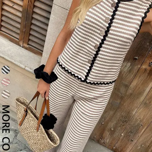 2pcs Women's Striped Button Decor Sleeveless Top & Pants Two-Piece Set, Aesthetic Casual Summer Outfit, Womenswear, Style, Clothes